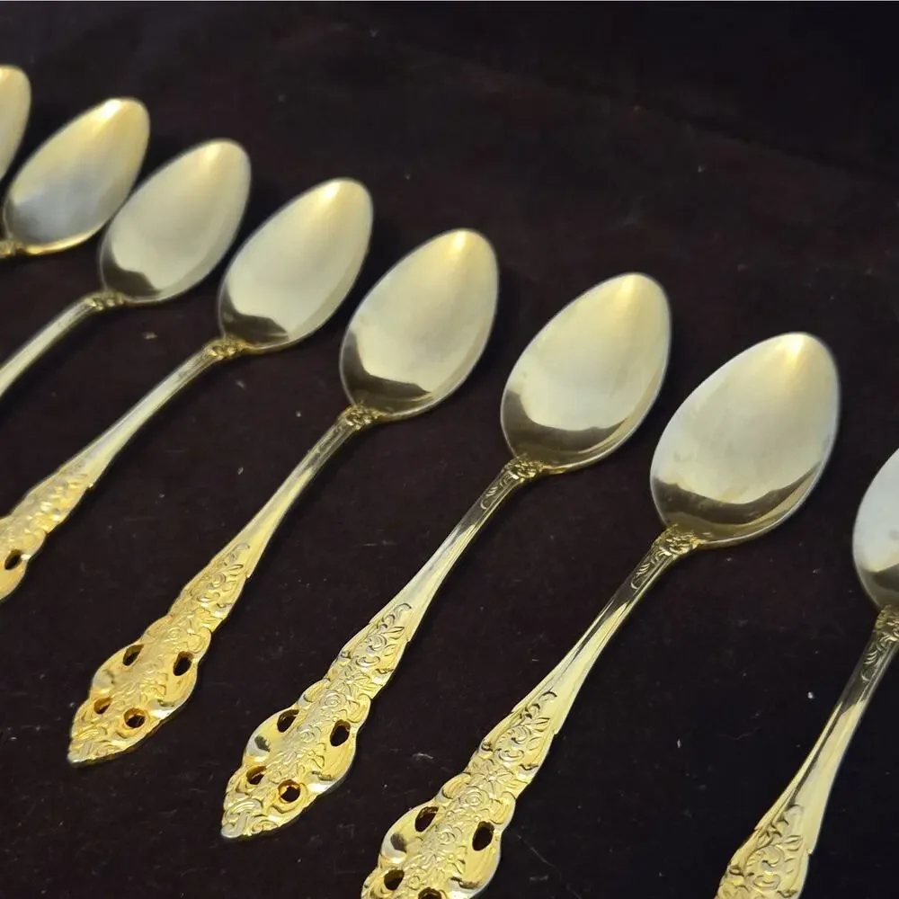 Vintage Azuma Japan Gold Plated Stainless Demitasse Spoons Set of 8 Ornate Baroq